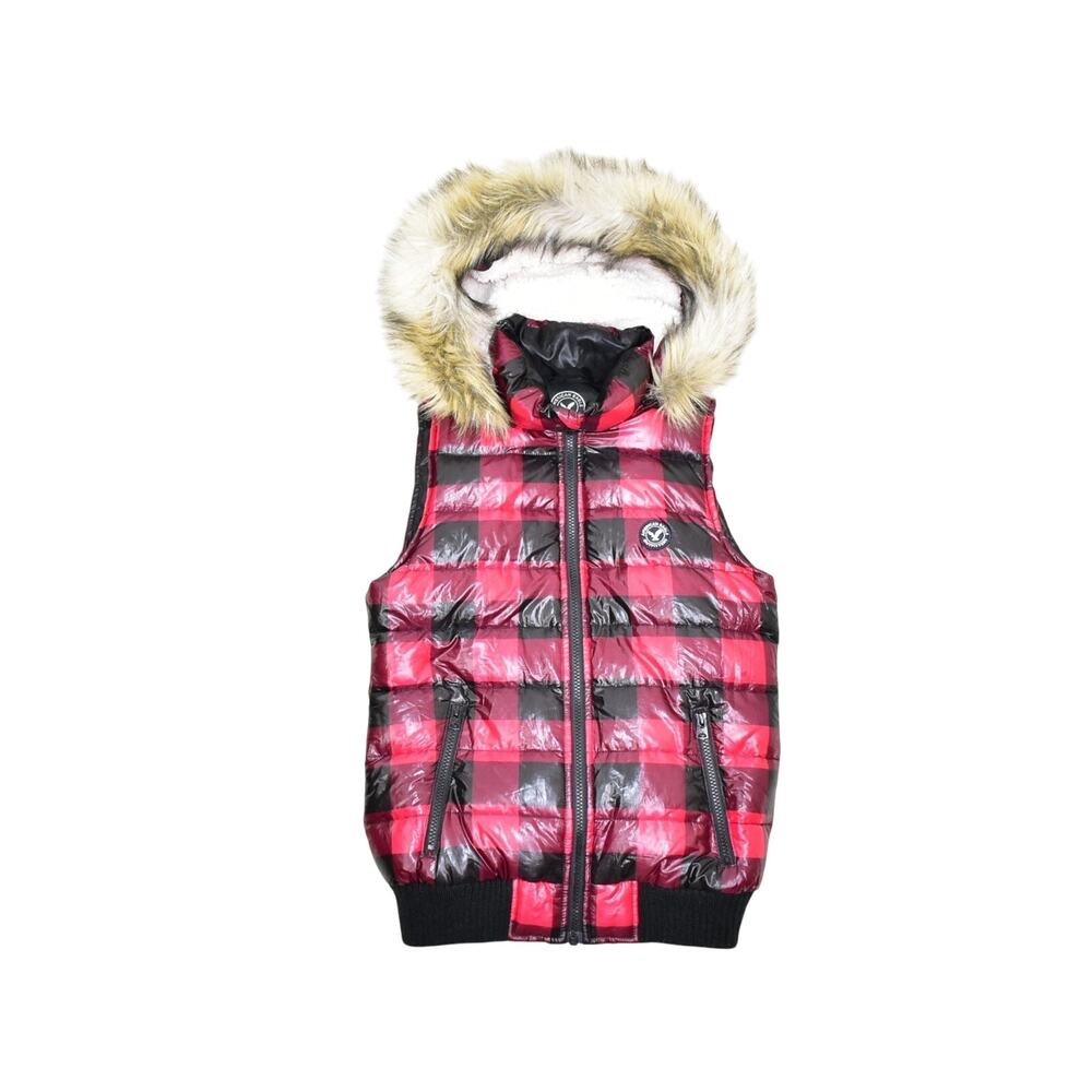 American Eagle Women Faux Fur Hooded Puffer Vest XS Buffalo Plaid Down Red Black